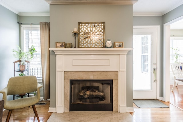 details featuring crown molding, wood finished floors, visible vents, and a high end fireplace