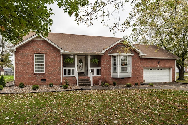 single story home featuring aphalt driveway, a porch, a front yard, crawl space, and brick siding