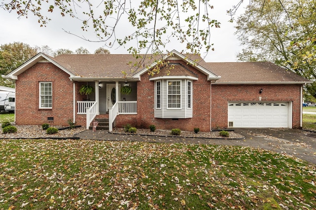 single story home featuring crawl space, covered porch, driveway, and a shingled roof