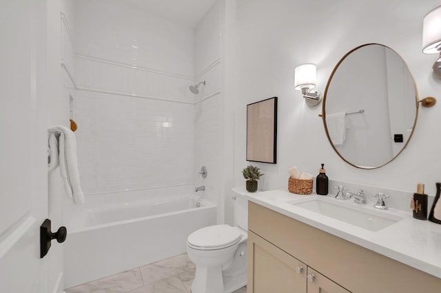 full bath with vanity, toilet, tub / shower combination, and marble finish floor