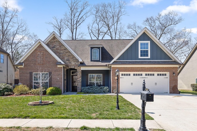 craftsman-style house with brick siding, board and batten siding, a front lawn, concrete driveway, and a garage