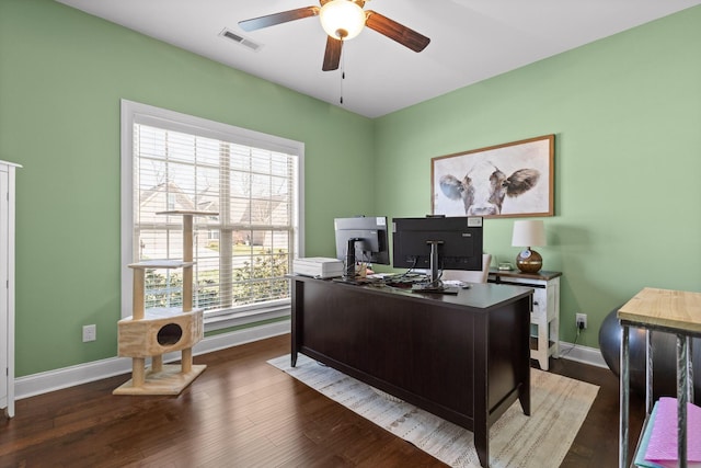 home office with visible vents, baseboards, ceiling fan, and dark wood finished floors