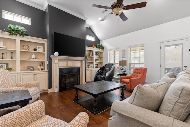 living room with visible vents, high vaulted ceiling, a fireplace with flush hearth, ceiling fan, and dark wood-type flooring