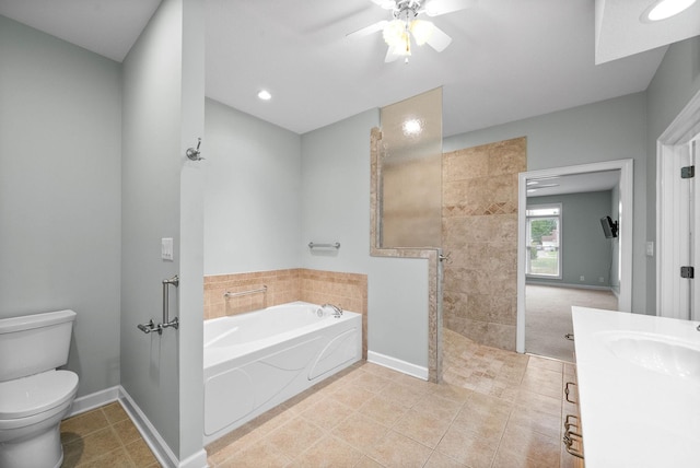 full bathroom with a bath, ceiling fan, a walk in shower, tile patterned floors, and toilet