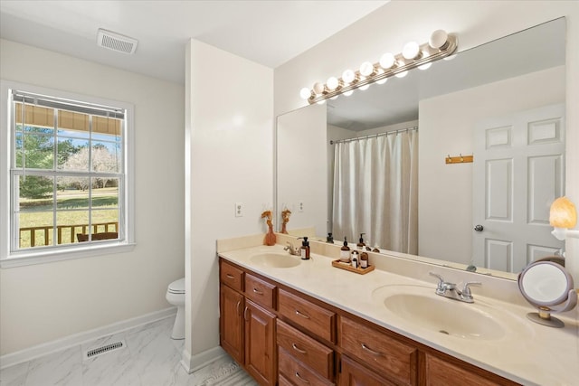 full bath featuring visible vents, toilet, and a sink