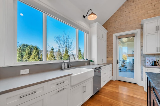 kitchen featuring a sink, lofted ceiling, stainless steel dishwasher, and white cabinetry