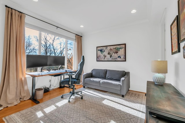 office area with recessed lighting and wood finished floors