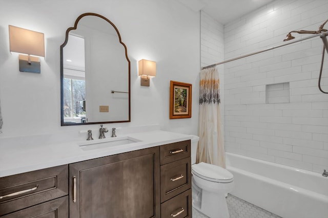 full bathroom with tile patterned flooring, shower / bath combination with curtain, toilet, and vanity