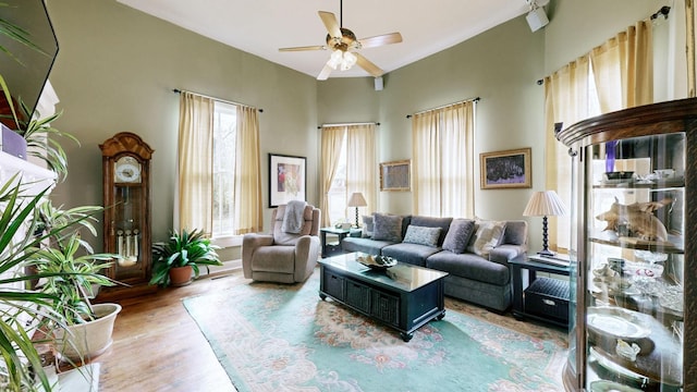 living room featuring a ceiling fan and wood finished floors