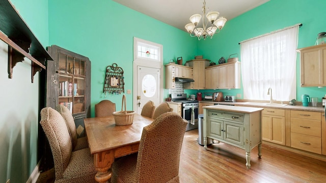 dining area featuring an inviting chandelier and light wood-style flooring