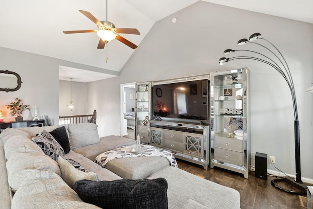 living area with high vaulted ceiling, wood finished floors, and ceiling fan