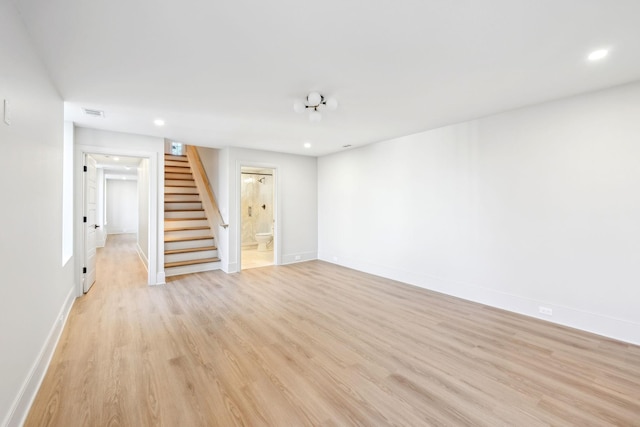 interior space with visible vents, recessed lighting, stairway, light wood-style floors, and baseboards