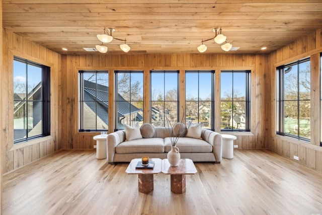 living room with wooden walls, wood finished floors, and wooden ceiling