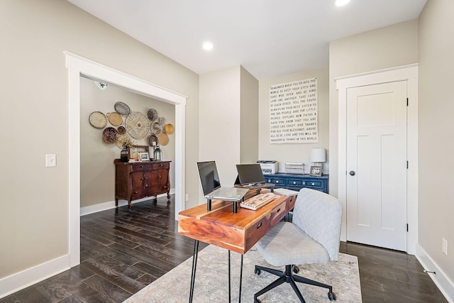 office space featuring dark wood-style floors, recessed lighting, and baseboards