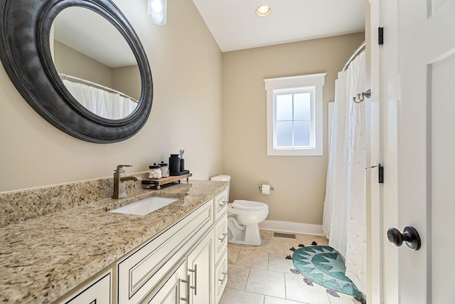 full bath with visible vents, toilet, tile patterned flooring, baseboards, and vanity