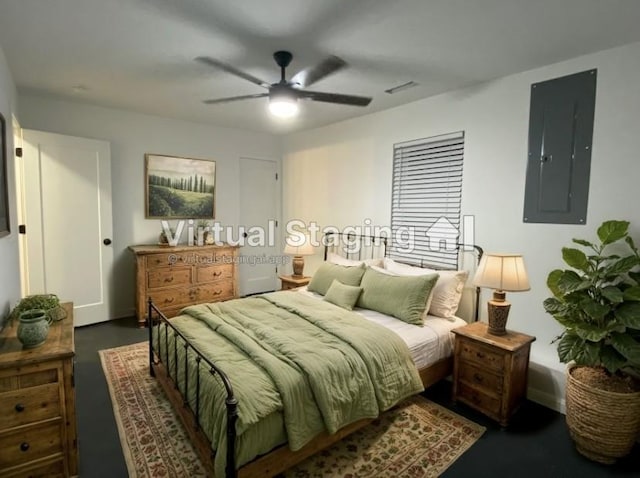 bedroom with electric panel, visible vents, and a ceiling fan