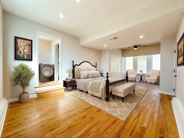 bedroom featuring recessed lighting, visible vents, baseboards, and wood finished floors