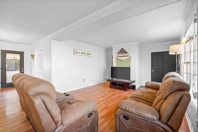 living area with light wood-style floors, baseboards, and ornamental molding