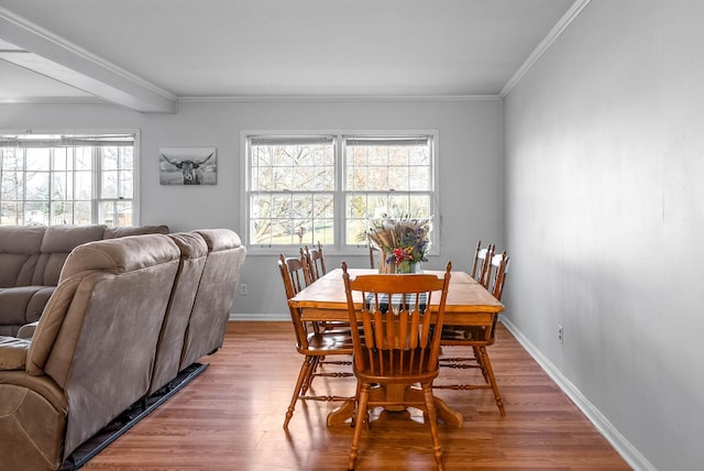 dining area featuring baseboards, wood finished floors, and crown molding