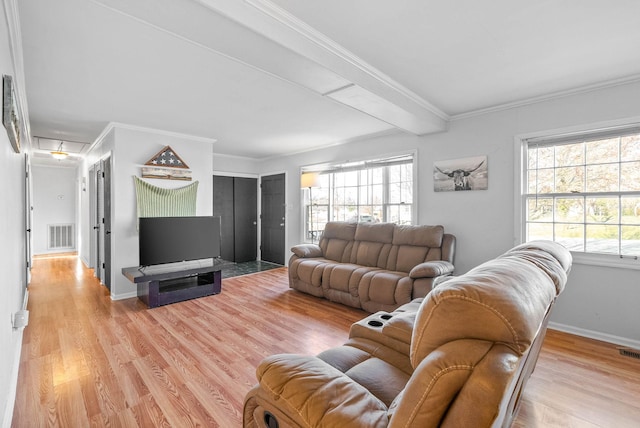 living room featuring plenty of natural light, light wood-style floors, and ornamental molding