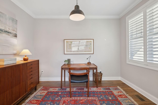 office area featuring visible vents, baseboards, wood finished floors, and crown molding