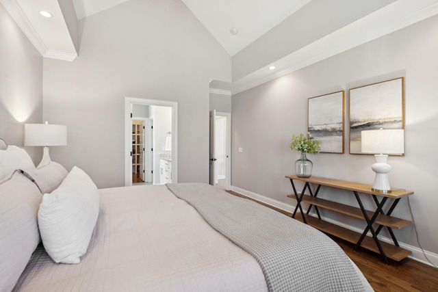 bedroom with crown molding, baseboards, recessed lighting, wood finished floors, and high vaulted ceiling