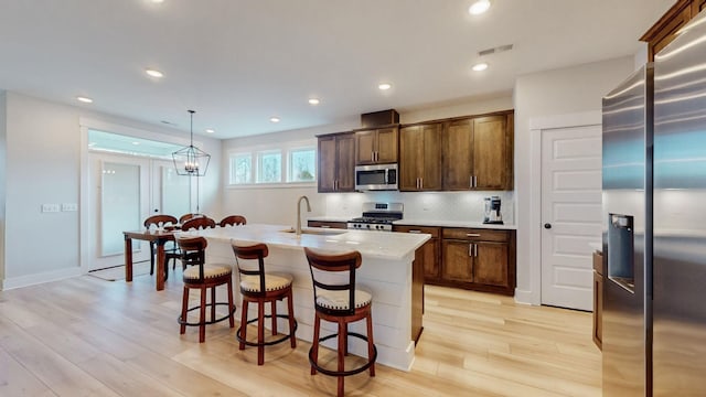 kitchen with a breakfast bar area, visible vents, a sink, decorative backsplash, and appliances with stainless steel finishes