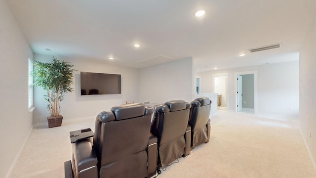 home theater with recessed lighting, visible vents, and light carpet