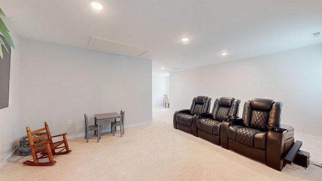 carpeted home theater with recessed lighting and baseboards