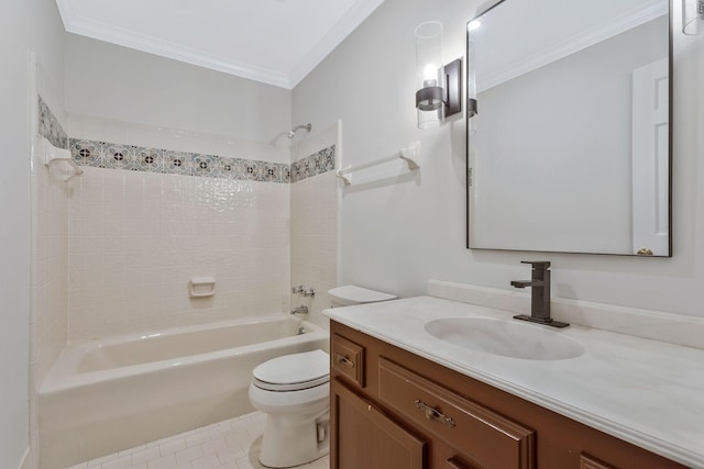 bathroom featuring tile patterned flooring, crown molding, toilet, shower / tub combination, and vanity