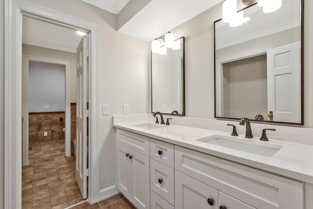 full bathroom featuring a sink, ornamental molding, and double vanity