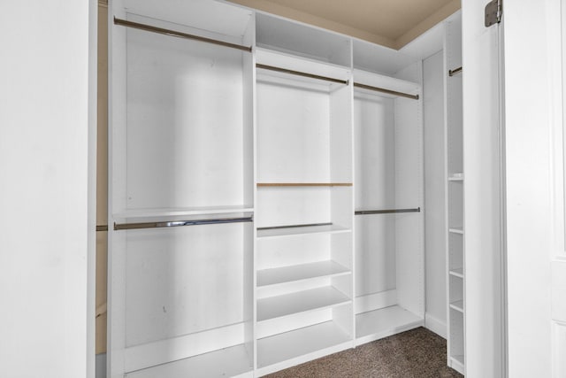 walk in closet featuring dark carpet