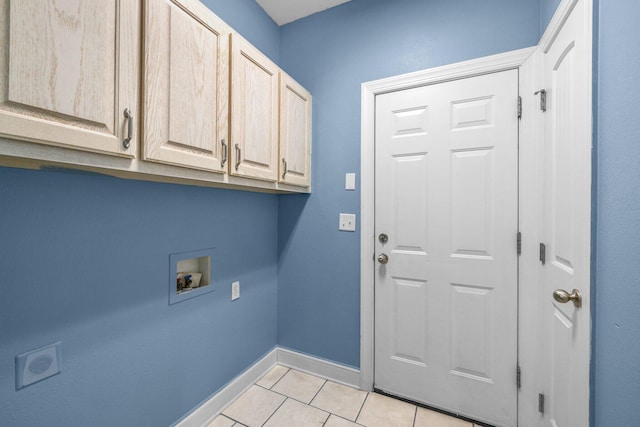 laundry area with baseboards, washer hookup, light tile patterned flooring, cabinet space, and hookup for an electric dryer