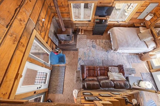 living room featuring a wood stove