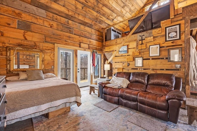 carpeted bedroom featuring wooden ceiling, wooden walls, access to exterior, and high vaulted ceiling