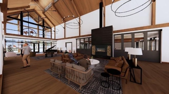 living room featuring a glass covered fireplace, french doors, high vaulted ceiling, and wood finished floors