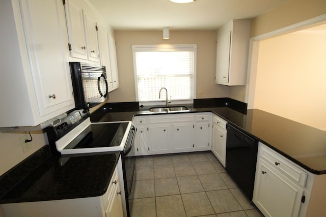 kitchen with black appliances, a sink, dark countertops, a peninsula, and white cabinets