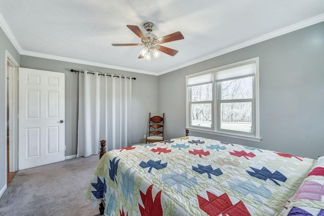 bedroom featuring carpet flooring, crown molding, and ceiling fan