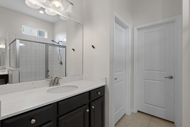 full bath with vanity, tile patterned floors, and a stall shower