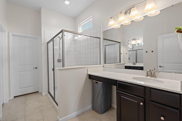 bathroom with tile patterned floors and a stall shower