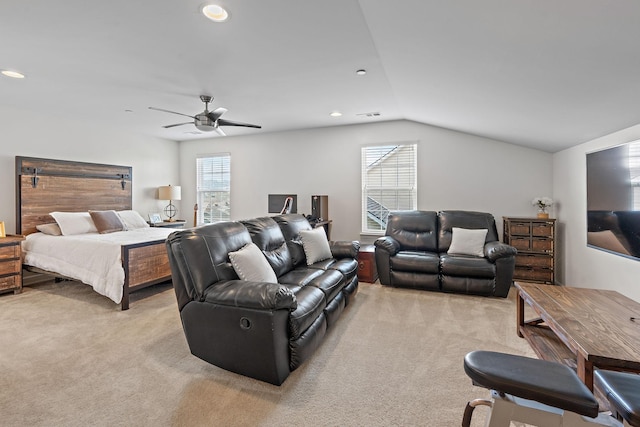 carpeted bedroom featuring a ceiling fan, vaulted ceiling, recessed lighting, and visible vents