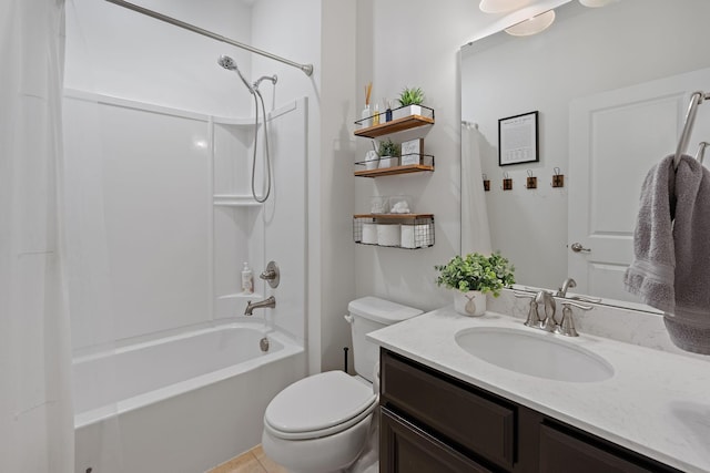 bathroom with toilet, vanity, and shower / bath combo