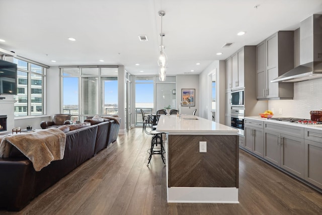 kitchen with dark wood-style floors, gray cabinets, appliances with stainless steel finishes, wall chimney exhaust hood, and open floor plan