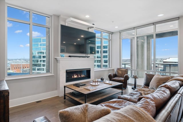 living room featuring a wall of windows, wood finished floors, baseboards, recessed lighting, and a glass covered fireplace