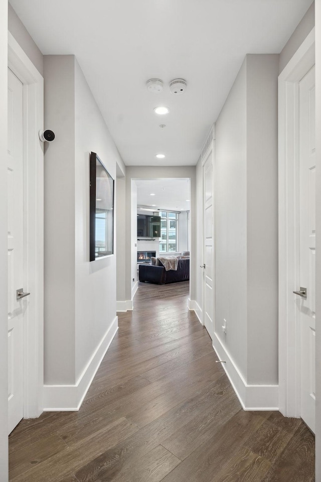 corridor featuring baseboards and dark wood finished floors