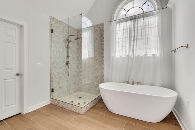 bathroom with plenty of natural light, a shower stall, and wood tiled floor