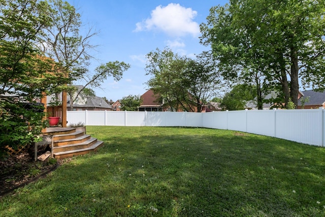 view of yard with a fenced backyard and a wooden deck