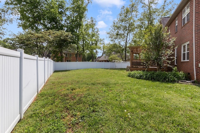view of yard with a wooden deck and a fenced backyard