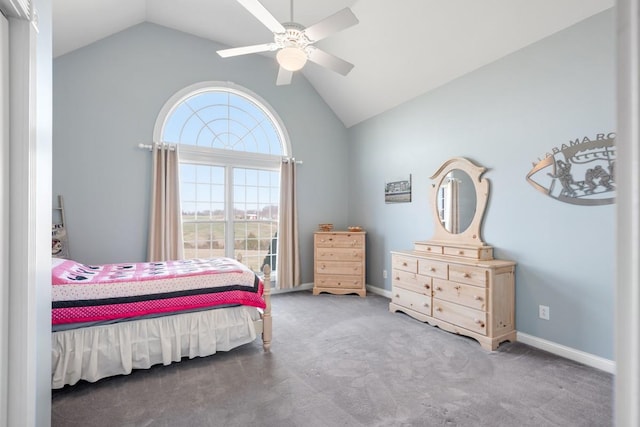 carpeted bedroom with baseboards, lofted ceiling, and a ceiling fan