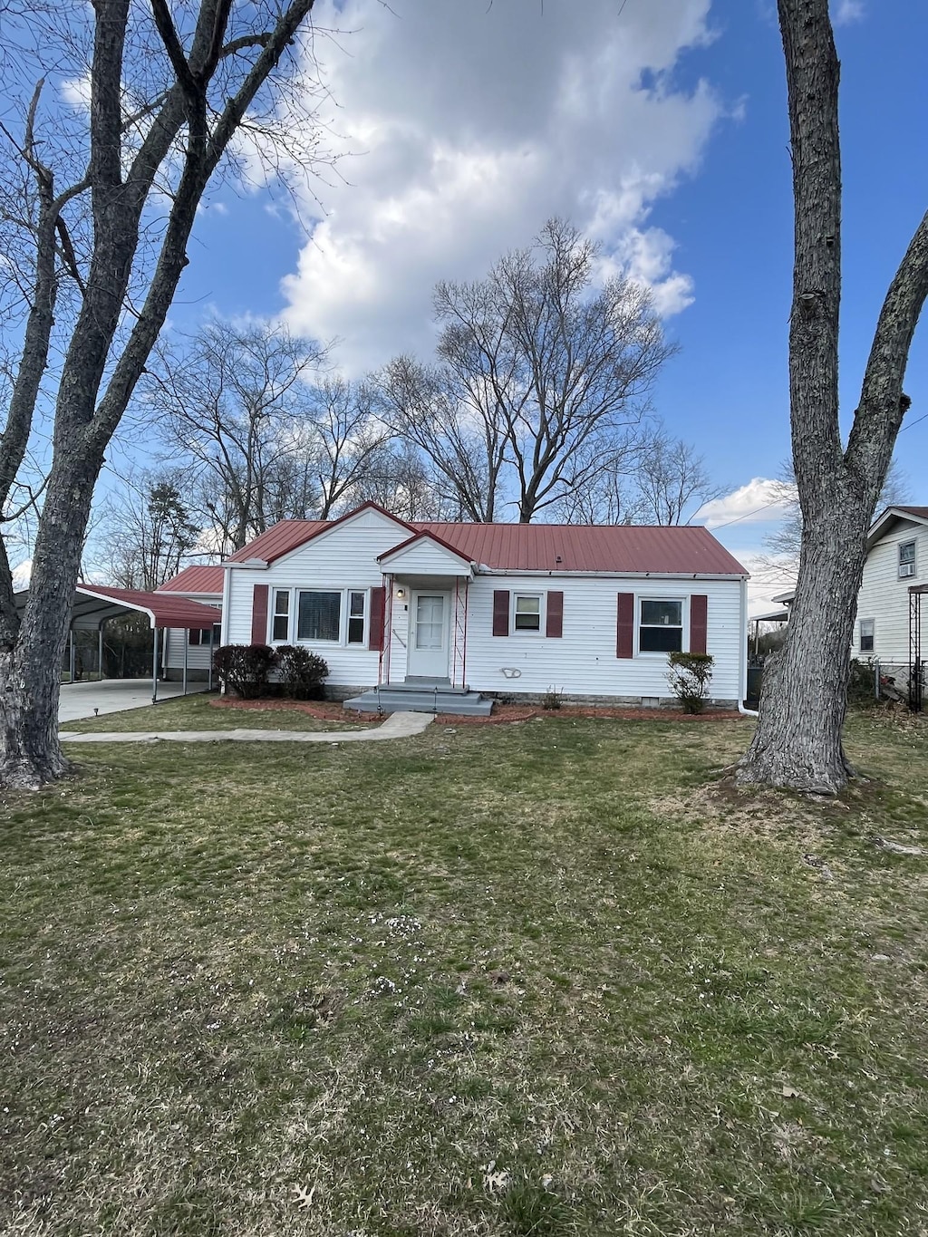 view of front of house with metal roof, a detached carport, and a front yard